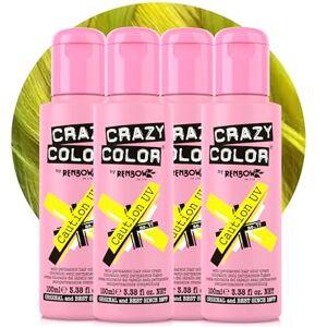 Crazy Color Caution UV Semi-Permanent 4 Pack Quad Hair Dye. Highly Pigmented Neon Yellow Conditioning & Oil Nourishing Vegan Formula No Bleach or Ammonia 400ml Crazy Color Caution UV Semi-Permanent 4 Pack Quad Hair Dye. Highly Pigmented Neon Yellow Conditioning & Oil Nourishing Vegan Formula No Bleach or Ammonia 400ml