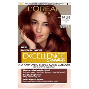 L'Oreal Paris L’Oréal Excellence Permanent Hair Dye Colouring Cream, 100% Grey Coverage, With Pro-Keratin, Ammonia-Free, Universal Nudes, 5UR Red L'Oreal Paris L’Oréal Excellence Permanent Hair Dye Colouring Cream, 100% Grey Coverage, With Pro-Keratin, Ammonia-Free, Universal Nudes, 5UR Red