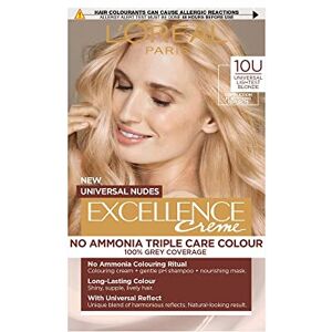 L'Oreal Paris L'Oréal Excellence Nudes 10U Universal Lightest Blonde: 100% Grey Coverage, Complexion Flattering for All Hair Types. Get a natural-looking lightest blonde with a subtle, universal reflect. L'Oreal Paris L'Oréal Excellence Nudes 10U Universal Lightest Blonde: 100% Grey Coverage, Complexion Flattering for All Hair Types. Get a natural-looking lightest blonde with a subtle, universal reflect.
