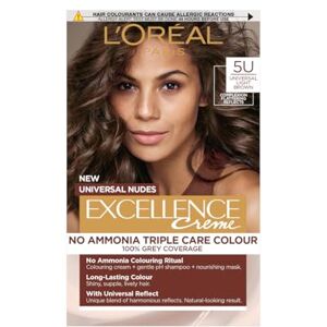 L'Oreal Paris L'Oréal Excellence Nudes 5U Universal Light Brown: 100% Grey Coverage, Complexion Flattering for All Hair Types. Achieve a natural-looking light brown with a subtle, universal reflect that enhances. L'Oreal Paris L'Oréal Excellence Nudes 5U Universal Light Brown: 100% Grey Coverage, Complexion Flattering for All Hair Types. Achieve a natural-looking light brown with a subtle, universal reflect that enhances.
