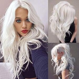 Baruisi Milky White Long Curly Wavy Wig Synthetic Hair, Natural Middle Parting, Cosplay & Halloween Party Wig Baruisi Milky White Long Curly Wavy Wig Synthetic Hair, Natural Middle Parting, Cosplay & Halloween Party Wig
