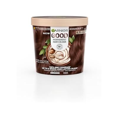 Garnier GOOD Permanent Hair Dye, 4.15 Iced Chestnut Brown. Delivers 100% grey coverage and 8-week colour. No ammonia, vegan shea butter formula for cool, rich brown on all hair types. Garnier GOOD Permanent Hair Dye, 4.15 Iced Chestnut Brown. Delivers 100% grey coverage and 8-week colour. No ammonia, vegan shea butter formula for cool, rich brown on all hair types.