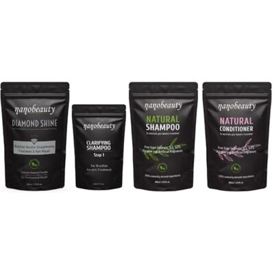 Nanobeauty Brazilian Keratin Hair Straightening Treatment FULL Kit with Aftercare SLS Shampoo and Conditioner. Diamond Infused, Vegan, Blow dry, Smoothing/Repair, Argan Oil, Professional Results Nanobeauty Brazilian Keratin Hair Straightening Treatment FULL Kit with Aftercare SLS Shampoo and Conditioner. Diamond Infused, Vegan, Blow dry, Smoothing/Repair, Argan Oil, Professional Results