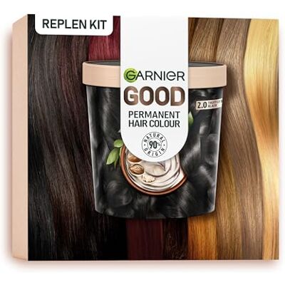 Garnier Good Permanent Hair Dye Replen Kit, 90% Natural Origin, No Ammonia, Enriched With Nourishing Shea Butter, 8 Weeks Long-Lasting Colour, 20 Truffle Soft Black Garnier Good Permanent Hair Dye Replen Kit, 90% Natural Origin, No Ammonia, Enriched With Nourishing Shea Butter, 8 Weeks Long-Lasting Colour, 20 Truffle Soft Black