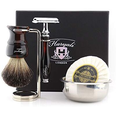 Haryali London 5 Pc Double Edge Safety Razor With Pure Black Badger Hair Brush, Stand, Soap And Bowl Shaving Kit For Mens Perfect New Year Gift Set Haryali London 5 Pc Double Edge Safety Razor With Pure Black Badger Hair Brush, Stand, Soap And Bowl Shaving Kit For Mens Perfect New Year Gift Set