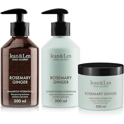Jean & Len hair care set Rosemary & Ginger for dry and dull hair, moisturizing shampoo, conditioner and hair treatment in a set, spicy fragrance, without parabens & silicones, 2 x 300 ml + 1 x 200 ml Jean & Len hair care set Rosemary & Ginger for dry and dull hair, moisturizing shampoo, conditioner and hair treatment in a set, spicy fragrance, without parabens & silicones, 2 x 300 ml + 1 x 200 ml