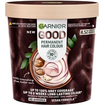 Garnier GOOD Permanent Hair Dye 4.52 Cherry Cola Brown, Up to 100% grey coverage, 8 weeks long-lasting colour, No-drip application, 90% natural origin formula without ammonia Garnier GOOD Permanent Hair Dye 4.52 Cherry Cola Brown, Up to 100% grey coverage, 8 weeks long-lasting colour, No-drip application, 90% natural origin formula without ammonia