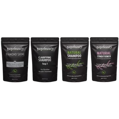 Nanobeauty Brazilian Keratin Hair Straightening Treatment, FULL Kit with SLS Shampoo and Conditioner. Diamond Infused, Vegan, Blow dry, Smoothing/Repair, Argan Oil, Professional Results (50ml x 4 KIT) Nanobeauty Brazilian Keratin Hair Straightening Treatment, FULL Kit with SLS Shampoo and Conditioner. Diamond Infused, Vegan, Blow dry, Smoothing/Repair, Argan Oil, Professional Results (50ml x 4 KIT)