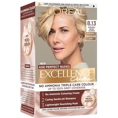 L'Oreal Paris Excellence Age Perfect Nudes Permanent Hair Colour for Mature Hair, No Ammonia Triple Care Routine with Micro-Keratin, 100% Grey Coverage, 8.13 Natural Beige Blonde L'Oreal Paris Excellence Age Perfect Nudes Permanent Hair Colour for Mature Hair, No Ammonia Triple Care Routine with Micro-Keratin, 100% Grey Coverage, 8.13 Natural Beige Blonde