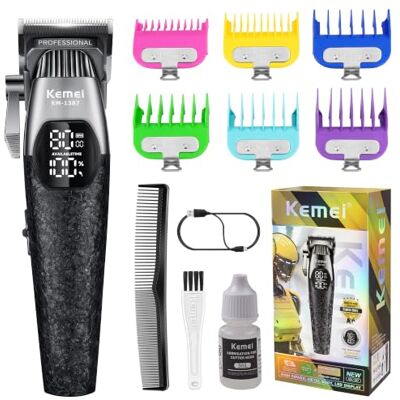 KEMEI 1387 Professional Cordless Hair Clipper for Men Barber Hair Trimmer R‑Shape Carbon Steel Blade,7500‑8000RPM,LED Display,2000mAh,180Mins Runtime,6 Guide Combs,Complete Barber Kit for Home Salon KEMEI 1387 Professional Cordless Hair Clipper for Men Barber Hair Trimmer R‑Shape Carbon Steel Blade,7500‑8000RPM,LED Display,2000mAh,180Mins Runtime,6 Guide Combs,Complete Barber Kit for Home Salon