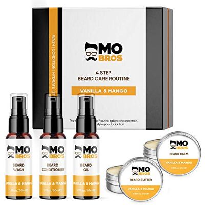 MO BRO'S 4 Step Beard Care Kit Wash Condition Hydration Style Vanilla & Mango MO BRO'S 4 Step Beard Care Kit Wash Condition Hydration Style Vanilla & Mango