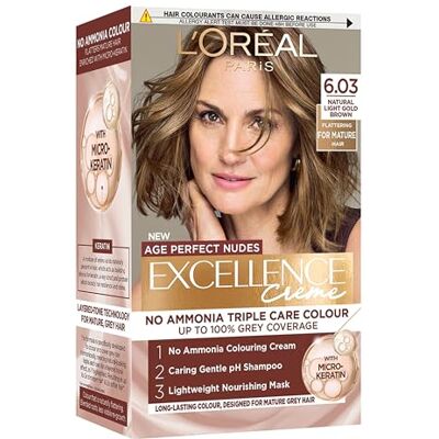 L'Oreal Paris Excellence Age Perfect Nudes Permanent Hair Colour for Mature Hair, No Ammonia Triple Care Routine with Micro-Keratin, 100% Grey Coverage, 6.03 Natural Light Gold Brown, L'Oreal Paris Excellence Age Perfect Nudes Permanent Hair Colour for Mature Hair, No Ammonia Triple Care Routine with Micro-Keratin, 100% Grey Coverage, 6.03 Natural Light Gold Brown,