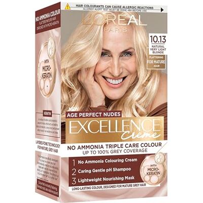 L'Oreal Paris Excellence Age Perfect Nudes Permanent Hair Colour for Mature Hair, No Ammonia Triple Care Routine with Micro-Keratin, 100% Grey Coverage, 10.13 Natural Very Light Blonde L'Oreal Paris Excellence Age Perfect Nudes Permanent Hair Colour for Mature Hair, No Ammonia Triple Care Routine with Micro-Keratin, 100% Grey Coverage, 10.13 Natural Very Light Blonde