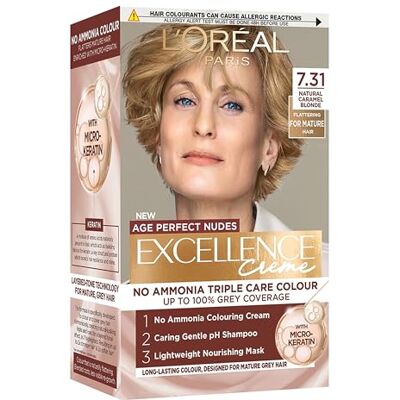 L'Oreal Paris Excellence Age Perfect Nudes Permanent Hair Colour for Mature Hair, No Ammonia Triple Care Routine with Micro-Keratin, 100% Grey Coverage, 7.31 Natural Caramel Blonde L'Oreal Paris Excellence Age Perfect Nudes Permanent Hair Colour for Mature Hair, No Ammonia Triple Care Routine with Micro-Keratin, 100% Grey Coverage, 7.31 Natural Caramel Blonde