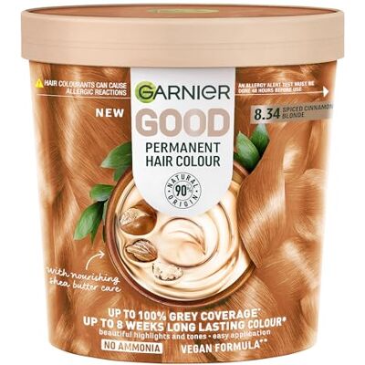 Garnier GOOD Permanent Hair Dye, 100% Grey Coverage & 8-Weeks Long Lasting Hair Colour, No Ammonia, Vegan Shea Butter Formula, For All Hair Types, Shade: 8.34 Spicy Cinnamon Blonde Garnier GOOD Permanent Hair Dye, 100% Grey Coverage & 8-Weeks Long Lasting Hair Colour, No Ammonia, Vegan Shea Butter Formula, For All Hair Types, Shade: 8.34 Spicy Cinnamon Blonde