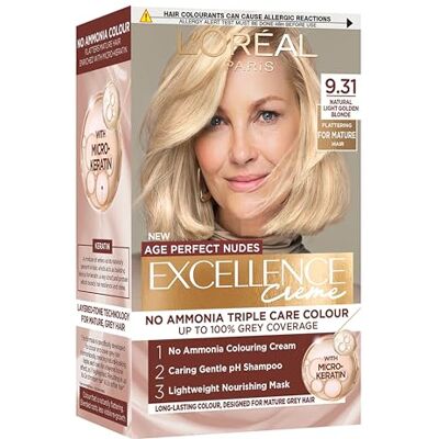 L'Oreal Paris Excellence Age Perfect Nudes Permanent Hair Colour for Mature Hair, No Ammonia Triple Care Routine with Micro-Keratin, 100% Grey Coverage, 9.31 Natural Light Golden Blonde L'Oreal Paris Excellence Age Perfect Nudes Permanent Hair Colour for Mature Hair, No Ammonia Triple Care Routine with Micro-Keratin, 100% Grey Coverage, 9.31 Natural Light Golden Blonde