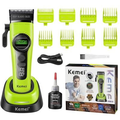 KEMEI 1593 Professional Hair Clipper for Men, Cordless & LED Display, Green KEMEI 1593 Professional Hair Clipper for Men, Cordless & LED Display, Green