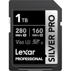 Lexar SILVER PRO SD Card 1TB, UHS-II SD Memory Card, V60, U3, C10, Up to 280MB/s Read, 160MB/s Write, SDXC Card for DSLR/Camera/Professional Photographer/Videographer/Enthusiast (LSDSIPR001T-BNNNG) Lexar SILVER PRO SD Card 1TB, UHS-II SD Memory Card, V60, U3, C10, Up to 280MB/s Read, 160MB/s Write, SDXC Card for DSLR/Camera/Professional Photographer/Videographer/Enthusiast (LSDSIPR001T-BNNNG)