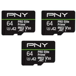 PNY 3-Pack 64GB PRO Elite Prime Class 10 U3 V30 A2 microSDXC Flash Memory Card + SD adapter up to 200MB/s, Class 10, U3, V30, A2, 4K UHD, Full HD, UHS-I PNY 3-Pack 64GB PRO Elite Prime Class 10 U3 V30 A2 microSDXC Flash Memory Card + SD adapter up to 200MB/s, Class 10, U3, V30, A2, 4K UHD, Full HD, UHS-I