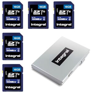 Integral 16GB SD 5 Pack card in a 6-slot protective metal card holder case High Speed memory SDHC up to 100MB/s V10 UHS U1 Integral 16GB SD 5 Pack card in a 6-slot protective metal card holder case High Speed memory SDHC up to 100MB/s V10 UHS U1