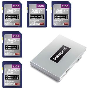 Integral 32GB SD Card in a 6 Slot Protective Metal SD Card Holder Case 4K Ultra-HD Video Premium High Speed 90MB/s Read Speed and 30MB/s Write Speed SDHC V30 UHS-I U3 Class 10 SD Memory Card Integral 32GB SD Card in a 6 Slot Protective Metal SD Card Holder Case 4K Ultra-HD Video Premium High Speed 90MB/s Read Speed and 30MB/s Write Speed SDHC V30 UHS-I U3 Class 10 SD Memory Card
