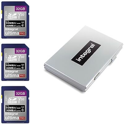 Integral 32GB 3 Pack SD Card with a 6 Slot Protective Metal Card Case 4K Ultra-HD Video Premium High Speed Up to 90MB/s Read Speed SDHC V30 UHS-I U3 Class 10 SD Memory Card Triple Pack Integral 32GB 3 Pack SD Card with a 6 Slot Protective Metal Card Case 4K Ultra-HD Video Premium High Speed Up to 90MB/s Read Speed SDHC V30 UHS-I U3 Class 10 SD Memory Card Triple Pack