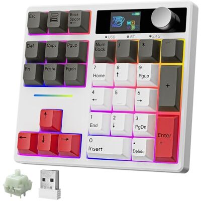 BOYI TD31Pro Mechanical Number Pad,Bluetooth5.0/2.4G/Type-C Wireless Numeric Keypad,RGB HotSwap Numpad with Screen&Knob,PBT Keycap Rechargeable Gasket Number Keypad for PC Laptop Desktop (White-Grey) BOYI TD31Pro Mechanical Number Pad,Bluetooth5.0/2.4G/Type-C Wireless Numeric Keypad,RGB HotSwap Numpad with Screen&Knob,PBT Keycap Rechargeable Gasket Number Keypad for PC Laptop Desktop (White-Grey)