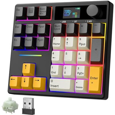 BOYI TD31Pro Mechanical Number Pad,Bluetooth5.0/2.4G/Type-C Wireless Numeric Keypad,RGB HotSwap Numpad with Screen&Knob,PBT Keycap Rechargeable Gasket Number keypad for PC Laptop (Black-Grey) BOYI TD31Pro Mechanical Number Pad,Bluetooth5.0/2.4G/Type-C Wireless Numeric Keypad,RGB HotSwap Numpad with Screen&Knob,PBT Keycap Rechargeable Gasket Number keypad for PC Laptop (Black-Grey)