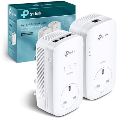 TP-LINK TL-PA8033PKIT AV1300 3-Port Gigabit Passthrough 2x2 MIMO Powerline Adapter Starter Kit, No Configuration Required, UK Plug TP-LINK TL-PA8033PKIT AV1300 3-Port Gigabit Passthrough 2x2 MIMO Powerline Adapter Starter Kit, No Configuration Required, UK Plug