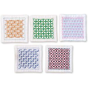 Olympus Thread Kugurizashi Sashiko Embroidery Kit Coasters White Pack of 5 Printed Fabric Multicoloured Olympus Thread Kugurizashi Sashiko Embroidery Kit Coasters White Pack of 5 Printed Fabric Multicoloured