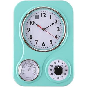 Lily's Home Retro Kitchen Wall Clock, with a Thermometer and 60-Minute Timer, Ideal for Any Kitchen, Turquoise (9.5 in x 13.3 in) Lily's Home Retro Kitchen Wall Clock, with a Thermometer and 60-Minute Timer, Ideal for Any Kitchen, Turquoise (9.5 in x 13.3 in)