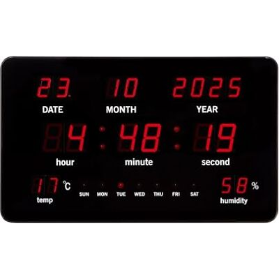 Perel Digital Wall Clock with LED Display, Thermometer, Hygrometer, Black, Red Perel Digital Wall Clock with LED Display, Thermometer, Hygrometer, Black, Red