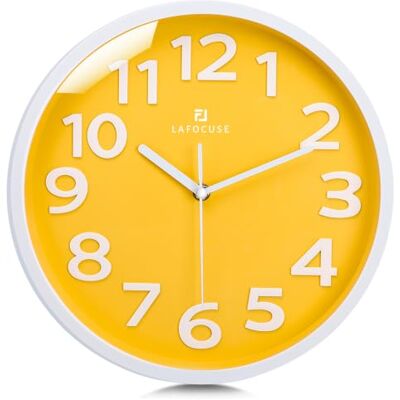 Lafocuse 12 Inch Silent Yellow Wall Clock with Easy to Read 3D Numbers Non Ticking, Battery Operated, Suitable for Girls Room Kitchen Bedroom Living Room Lafocuse 12 Inch Silent Yellow Wall Clock with Easy to Read 3D Numbers Non Ticking, Battery Operated, Suitable for Girls Room Kitchen Bedroom Living Room