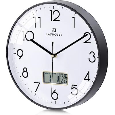 Lafocuse 12 Inch Black Wall Clock Silent with Date Day Temperature Display with LCD Screen, Non Ticking Noise, Battery Operated, Modern Analogue Clocks for Kitchen Bedroom Office Lafocuse 12 Inch Black Wall Clock Silent with Date Day Temperature Display with LCD Screen, Non Ticking Noise, Battery Operated, Modern Analogue Clocks for Kitchen Bedroom Office