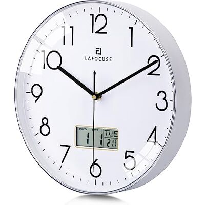 Lafocuse 12 Inch Silver Wall Clock Silent with Date Day Temperature Display with LCD Screen, Non Ticking Noise, Battery Operated, Modern Analogue Clocks for Kitchen Bedroom Office Lafocuse 12 Inch Silver Wall Clock Silent with Date Day Temperature Display with LCD Screen, Non Ticking Noise, Battery Operated, Modern Analogue Clocks for Kitchen Bedroom Office