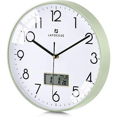 Lafocuse 12 Inch Silent Green Wall Clock with Date Day Temperature Display with LCD Screen, Non Ticking Noise, Battery Operated, Modern Analogue Clocks for Kitchen Bedroom Office Lafocuse 12 Inch Silent Green Wall Clock with Date Day Temperature Display with LCD Screen, Non Ticking Noise, Battery Operated, Modern Analogue Clocks for Kitchen Bedroom Office