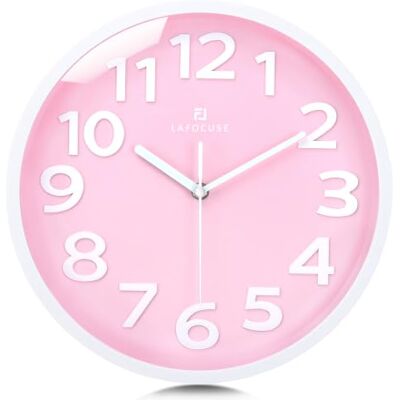 Lafocuse 12 Inch Silent Pink Wall Clock with Easy to Read 3D Numbers Non Ticking, Battery Operated, Suitable for Girls Room Kitchen Bedroom Living Room Lafocuse 12 Inch Silent Pink Wall Clock with Easy to Read 3D Numbers Non Ticking, Battery Operated, Suitable for Girls Room Kitchen Bedroom Living Room