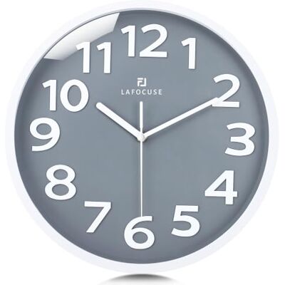 Lafocuse 12 Inch Silent Grey Wall Clock with Easy to Read Large 3D Numbers Non Ticking, Battery Operated, Suitable for Elderly Seniors Room Bedroom Living Room Lafocuse 12 Inch Silent Grey Wall Clock with Easy to Read Large 3D Numbers Non Ticking, Battery Operated, Suitable for Elderly Seniors Room Bedroom Living Room
