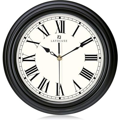 Lafocuse 12 Inch Silent Black Wall Clock with Roman Numerals Traditional Retro Design for Kitchen, Non Ticking, Battery Operated, Classic Round Quartz Clocks for Bedroom Living Room Lafocuse 12 Inch Silent Black Wall Clock with Roman Numerals Traditional Retro Design for Kitchen, Non Ticking, Battery Operated, Classic Round Quartz Clocks for Bedroom Living Room