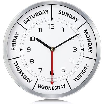 Lafocuse Day of the Week Wall Clock, 12 Inch Day Clock for Retirement Gift Silver Metal Frame, Silent Non-Ticking, Seniors Retired Clock for Living Room Decor Bedroom Office Kitchen Lafocuse Day of the Week Wall Clock, 12 Inch Day Clock for Retirement Gift Silver Metal Frame, Silent Non-Ticking, Seniors Retired Clock for Living Room Decor Bedroom Office Kitchen