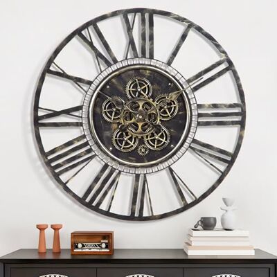 Maxstar Large Moving Gear Wall Clock for Living Room Decor,Vintage Industrial Steampunk,Metal Wall Clock Decorative for Home Office,Dinning Room,Farmhouse(Antique Brass,Roman Number,24 INCH) Maxstar Large Moving Gear Wall Clock for Living Room Decor,Vintage Industrial Steampunk,Metal Wall Clock Decorative for Home Office,Dinning Room,Farmhouse(Antique Brass,Roman Number,24 INCH)