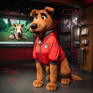 REDBROKOLY Red Dog mascot costume character dressed with a Sweatshirt and Belts