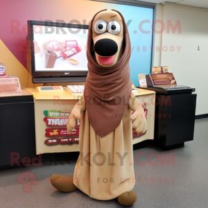 REDBROKOLY Tan Hot Dogs mascot costume character dressed with a Maxi Skirt and Shawl pins