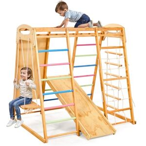 VEVOR Indoor Playground Jungle Gym, 7-in-1 Wooden Indoor Playground for Kids, 250LBS Montessori Climbing Toys Playset with Swing, Monkey Bar, Slide, Wooden Ladder, Rope Ladder, Climbing Net & Rock VEVOR Indoor Playground Jungle Gym, 7-in-1 Wooden Indoor Playground for Kids, 250LBS Montessori Climbing Toys Playset with Swing, Monkey Bar, Slide, Wooden Ladder, Rope Ladder, Climbing Net & Rock