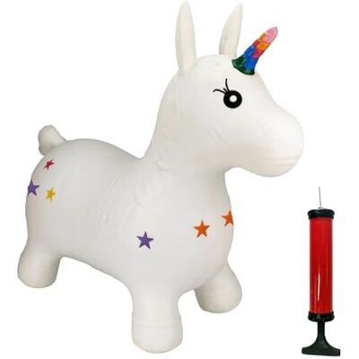 Happy Hopperz White Unicorn Inflatable Bouncy Animal with Grippable Ears/Horns, Easy to Clean Space Hopper for Indoor and Outdoor Play, Bouncing Toy, Pump Included, 12 Months-5 Years Happy Hopperz White Unicorn Inflatable Bouncy Animal with Grippable Ears/Horns, Easy to Clean Space Hopper for Indoor and Outdoor Play, Bouncing Toy, Pump Included, 12 Months-5 Years