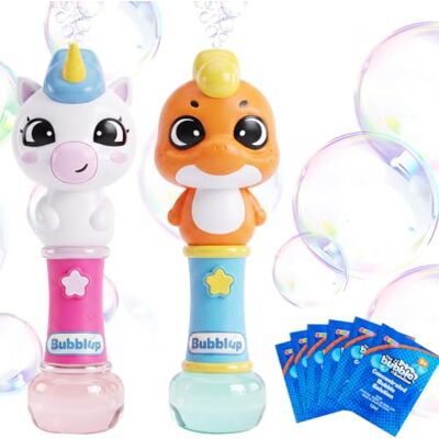 Play-Act 2 Packs Electric Bubble Wand with 6 Concentrated Soap Solution, Dinosaur Unicorn Bubble Machine for Kids, Adults, Summer Toys, Easter Basket Stuffers, Birthday Gift, Party Favors Play-Act 2 Packs Electric Bubble Wand with 6 Concentrated Soap Solution, Dinosaur Unicorn Bubble Machine for Kids, Adults, Summer Toys, Easter Basket Stuffers, Birthday Gift, Party Favors