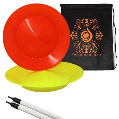 Cascade Juggling Set of 2 Spinning Plates and Sticks Flexi Kid's Plate Spinning Set Includes Cascade Carry Bag (Orange and Yellow) Cascade Juggling Set of 2 Spinning Plates and Sticks Flexi Kid's Plate Spinning Set Includes Cascade Carry Bag (Orange and Yellow)
