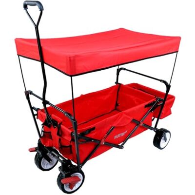 Fuxtec Folding Wagon FX-CT350 • Red canopy • 4-wheel design • rear bag Compact pull-handle hand cart • Garden trolley cover • Outdoor transport for festivals • Beach transport • Compact design Fuxtec Folding Wagon FX-CT350 • Red canopy • 4-wheel design • rear bag Compact pull-handle hand cart • Garden trolley cover • Outdoor transport for festivals • Beach transport • Compact design