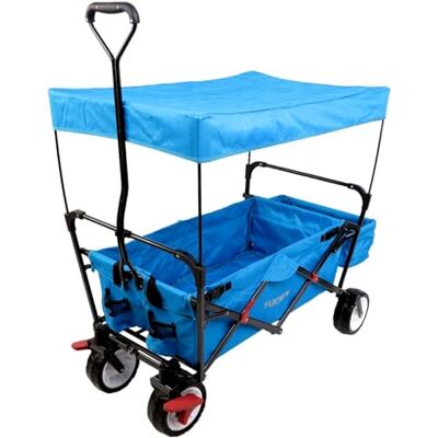 Fuxtec FUXLIFE Foldable Handcart FX-CT350 Blue Lightweight 12kg Folding Wagon with Sun Canopy & Rear Pocket 75kg Capacity Fuxtec FUXLIFE Foldable Handcart FX-CT350 Blue Lightweight 12kg Folding Wagon with Sun Canopy & Rear Pocket 75kg Capacity