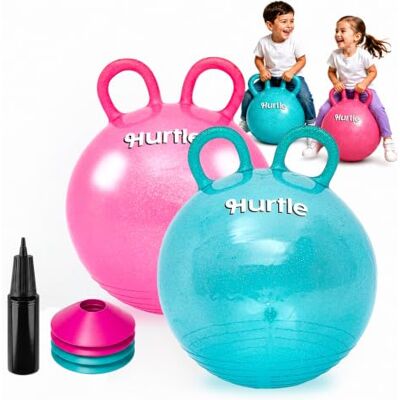 Hurtle Space Hopper 18 Inch Glitter Hopper Ball 2 Pack with Dual Handles, Pumps and Cones for Balance, Coordination and Active Indoor Outdoor Play, Teal & Pink Hurtle Space Hopper 18 Inch Glitter Hopper Ball 2 Pack with Dual Handles, Pumps and Cones for Balance, Coordination and Active Indoor Outdoor Play, Teal & Pink